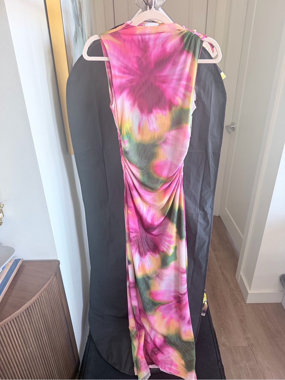 Misa Los Angeles Pink Tie-Dye Maxi Dress with Green and Yellow Accents